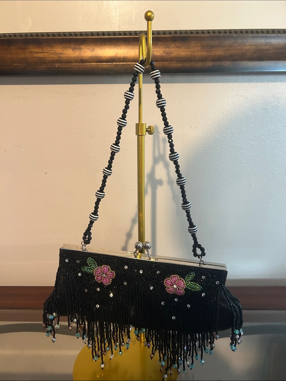 Source Unknown Black Beaded Floral Fringe Evening Clutch